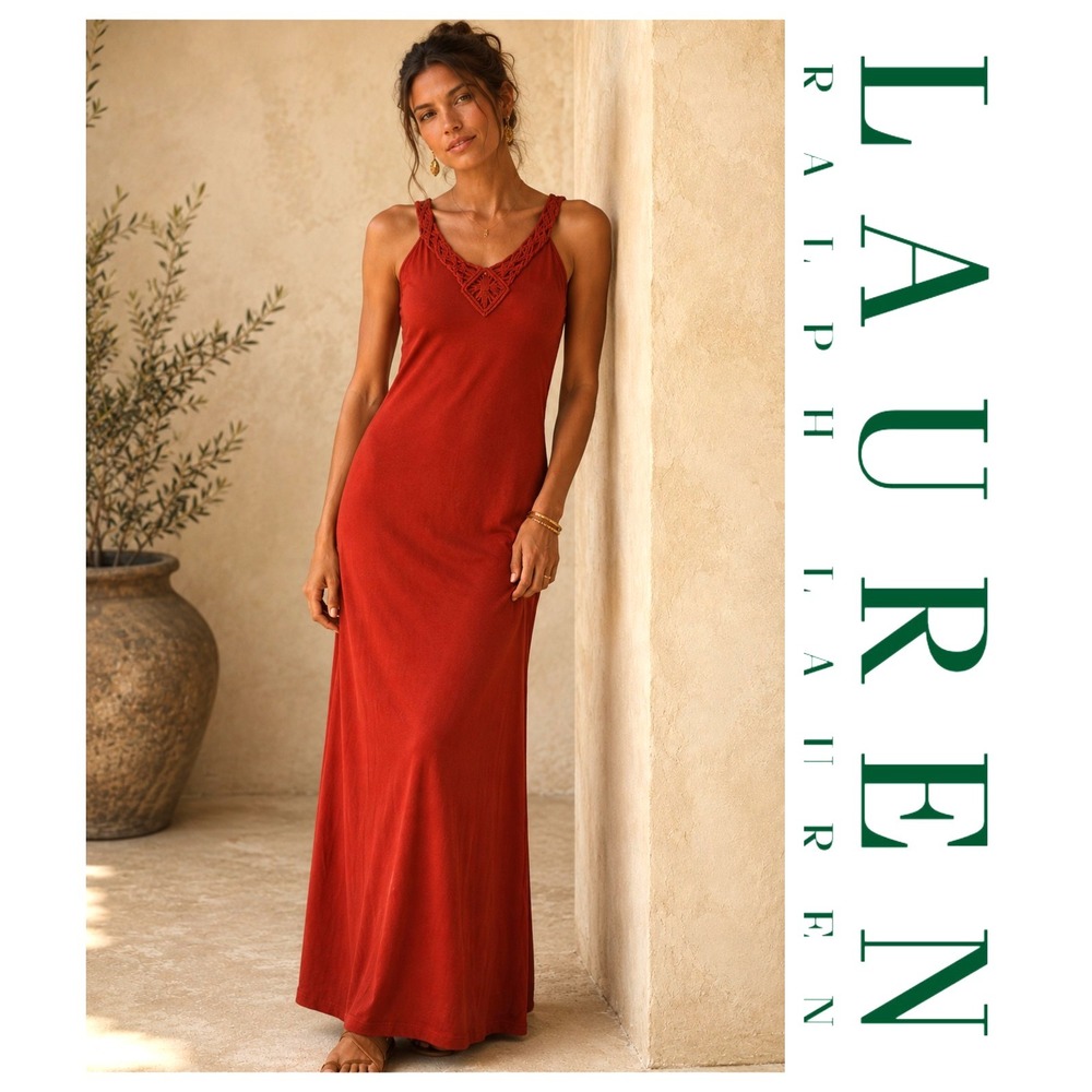 Lauren Ralph Lauren Red Stretch Viscose Sleeveless Macrame Neck Maxi Dress L NWT
